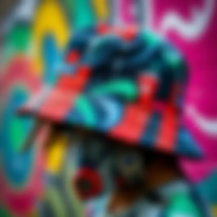 Graffiti Art on Bucket Hats Close-up of a bucket hat adorned with graffiti art, reflecting urban culture.