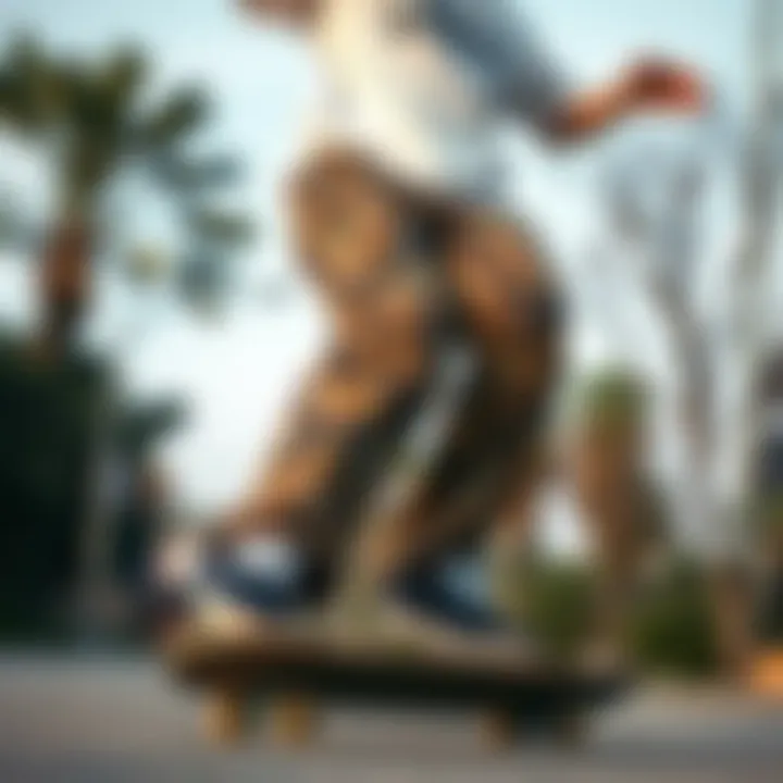 Skateboarder wearing Camo Dickies pants in action