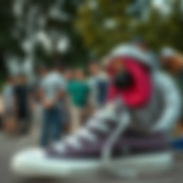 A group of skaters gathered, showcasing diverse styles influenced by Converse All Star