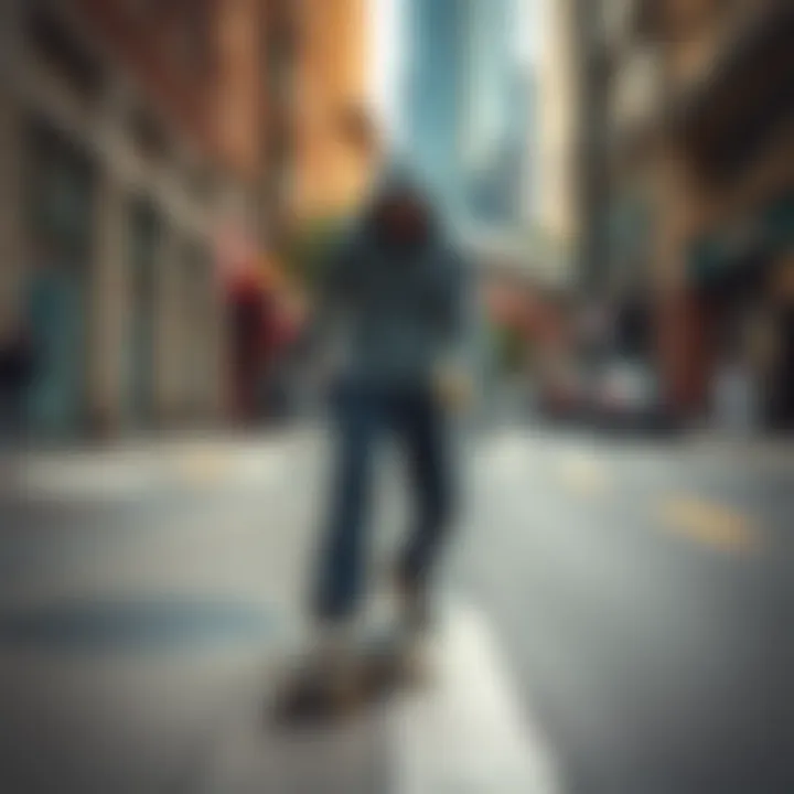 Skateboarder in a stylish hoodie on a city street