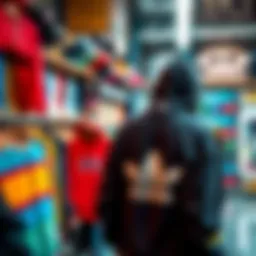 Vibrant skate shop showcasing hoodies