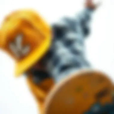 Close-up of a skateboarder wearing a yellow snapback hat during a trick