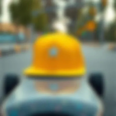 Vibrant yellow snapback hat resting on skateboard