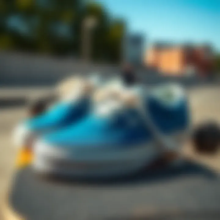 The Design of Blue Vans: A Close-Up A close-up of blue Vans shoes on a skateboard deck, highlighting the design and texture.