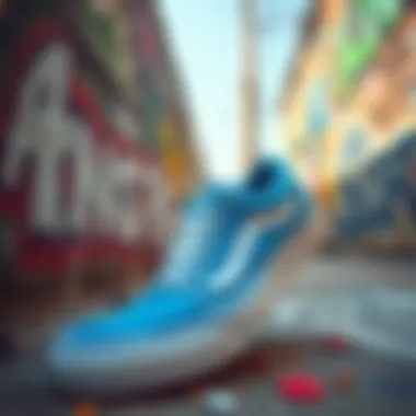 Blue Vans in the Urban Art Scene An artistic representation of blue Vans surrounded by graffiti and skate art.