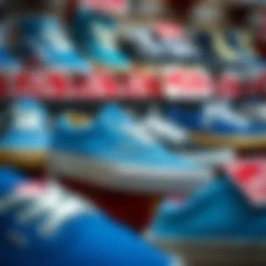 The Evolution of Blue Vans in Skateboarding A historical display of Vans shoes, focusing on the evolution of blue Vans in skateboarding history.