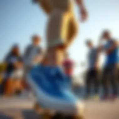 Skateboarders in Blue Vans: Community and Culture A group of skateboarders wearing blue Vans shoes, showcasing a vibrant skate park.