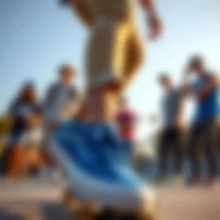 Skateboarders in Blue Vans: Community and Culture A group of skateboarders wearing blue Vans shoes, showcasing a vibrant skate park.