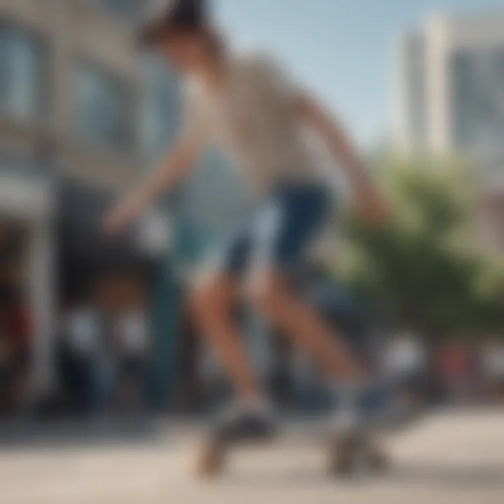 A stylish skateboarder showcasing low-waisted jean shorts while performing a trick