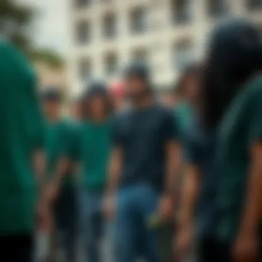 Group of skaters wearing dark green t-shirts in community setting