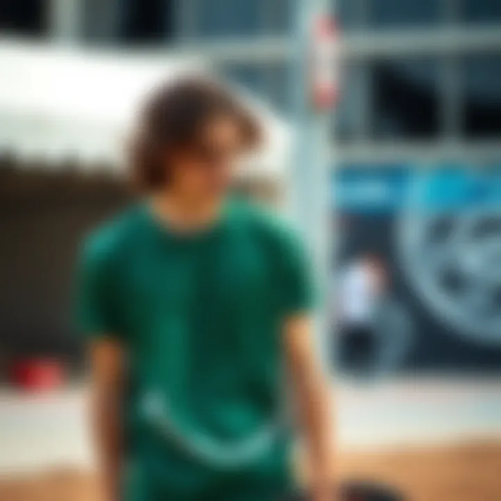 Sustainable fashion elements showcased with dark green t-shirt