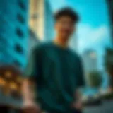 Dark green t-shirt styled in an urban skate setting