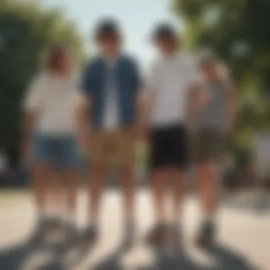 Community Vibe: Skaters Embracing Dickies Shorts Skaters gathered in a park wearing Dickies shorts