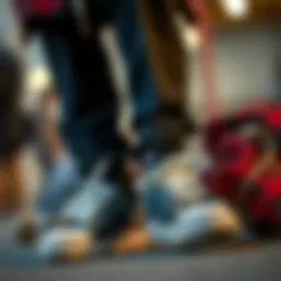 A close-up view of a flannel shirt styled with skate shoes
