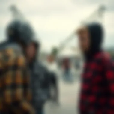 A backdrop showcasing a skate park with individuals in flannels and hoodies