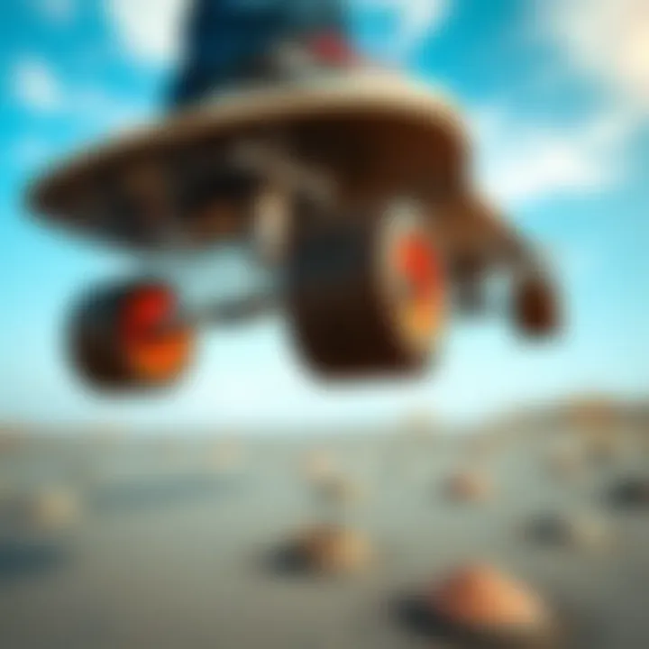 Side view of a longboard with 72mm wheels on various terrains.