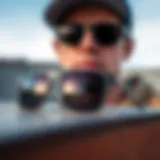 A close-up of flat rim sunglasses showcasing their unique design.