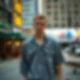 Stylish flipped shirt worn in an urban skate environment