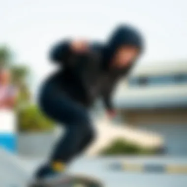 Skateboarder wearing full face zip up in action