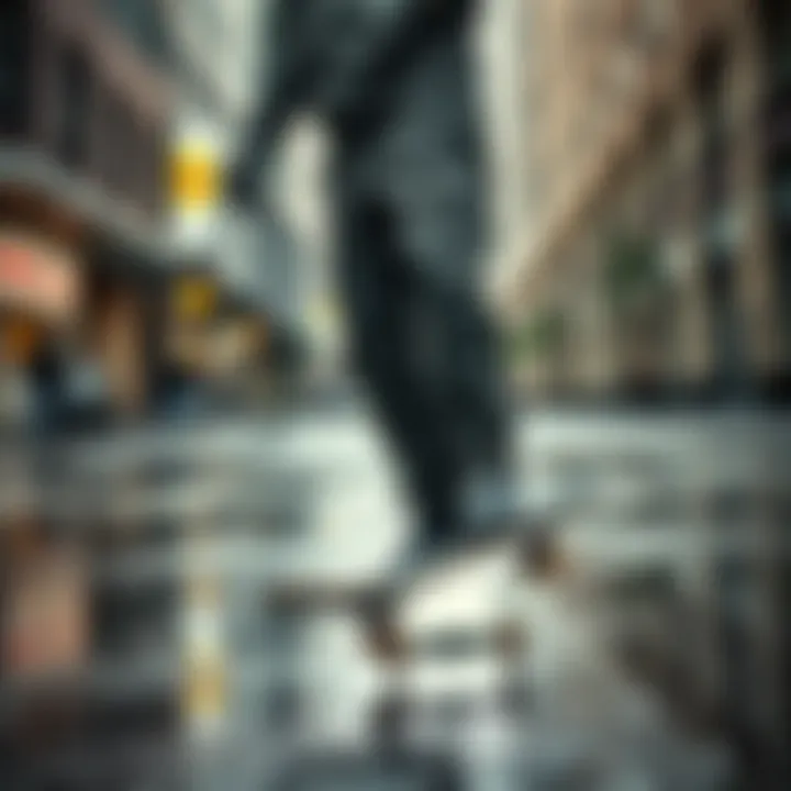 Skateboarder wearing 686 waterproof pants in a rain-soaked urban setting