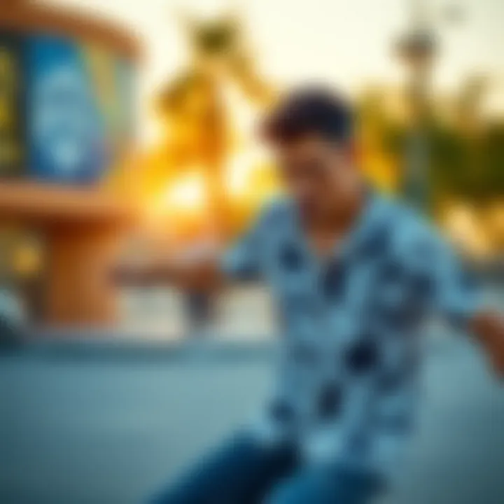 Skateboarder wearing a stylish button-up shirt