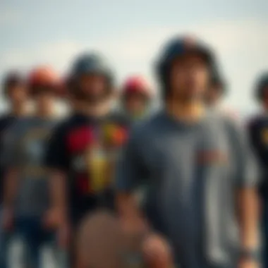 Group of skateboarders showcasing their shirts