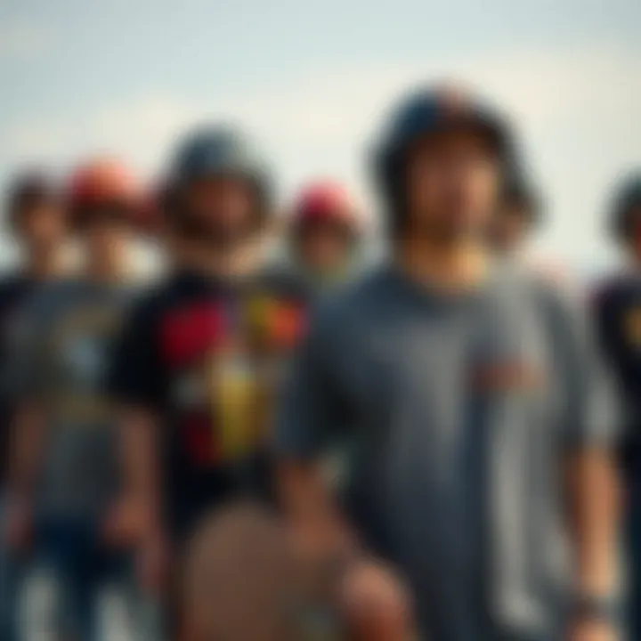 Group of skateboarders showcasing their shirts