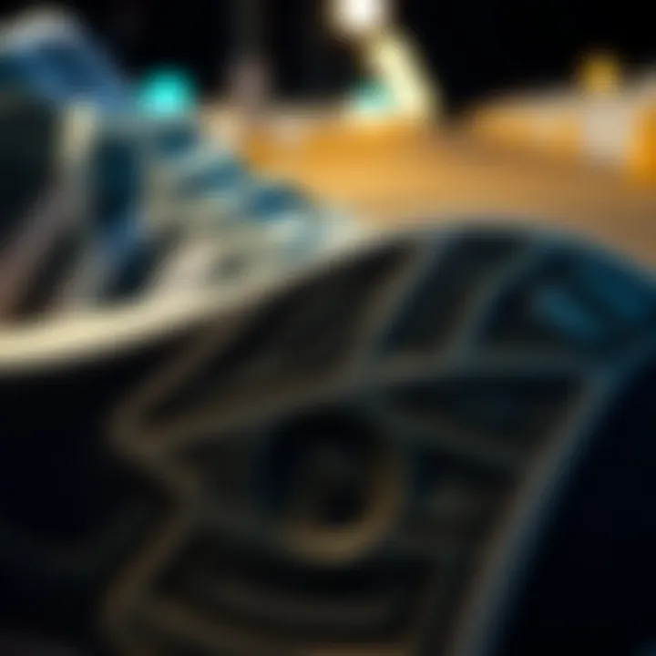 Close-up of the sole of grey Adidas skate shoes highlighting performance features