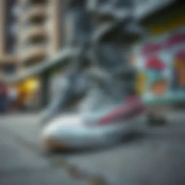 Grey high top Converse worn in an urban skateboarding setting