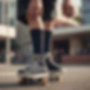 Skateboarder performing tricks wearing half crew socks