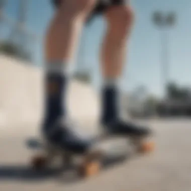 Close-up of stylish half crew socks with skateboard