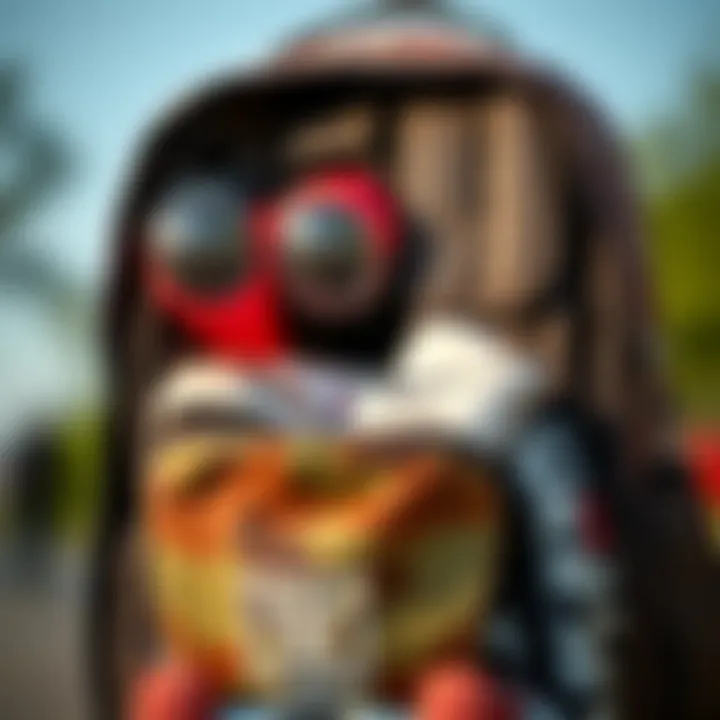 A close-up view of a stylish icon backpack with skateboard gear inside