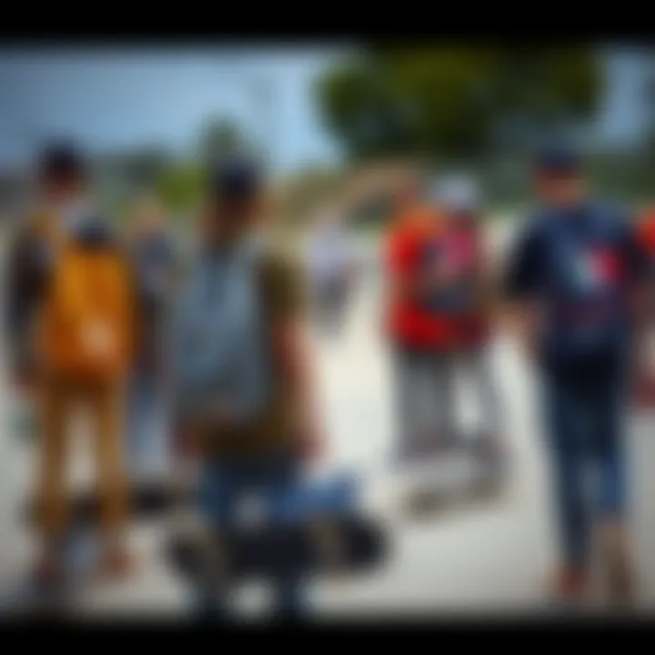 A group of skateboarders showcasing their icon backpacks at a skate park