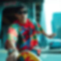 A vibrant JoJo Bizarre shirt showcased in an urban skate setting