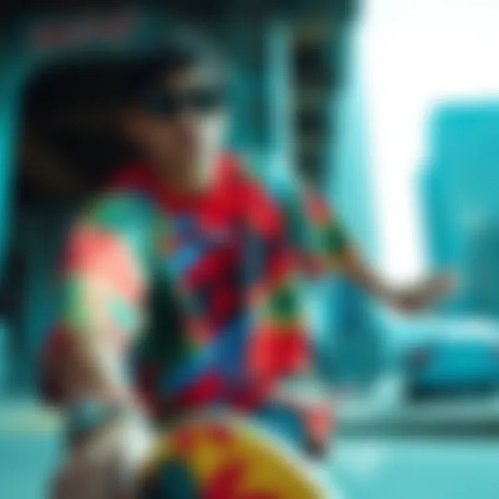 A vibrant JoJo Bizarre shirt showcased in an urban skate setting