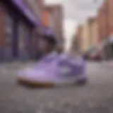 Lavender New Balance sneakers showcased on a vibrant urban backdrop