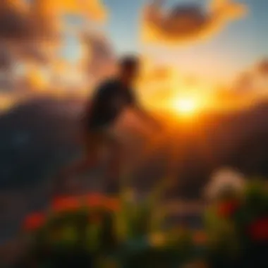 A vibrant sunset illuminating a longboarder riding through a mountainous terrain