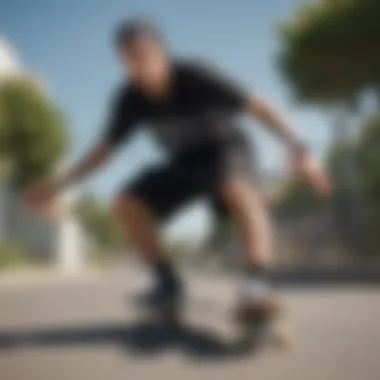 A skateboarder showcasing tricks while wearing black bandana shorts