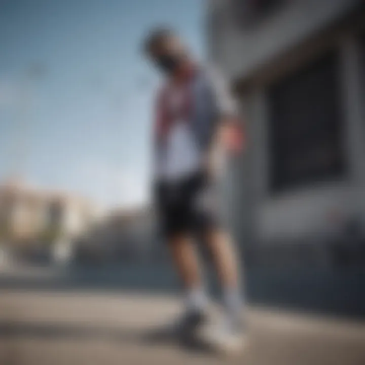 A fashion-forward individual styling black bandana shorts in a streetwear outfit