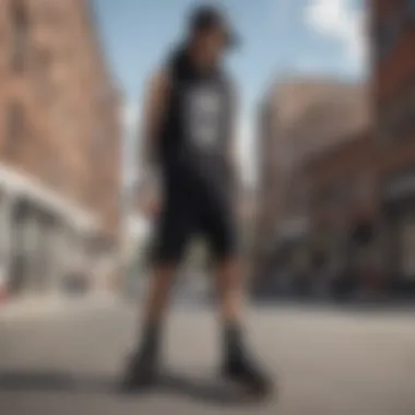 Stylish black bandana shorts on display in an urban setting