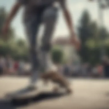 Skateboarder performing tricks while wearing grey Converse low tops