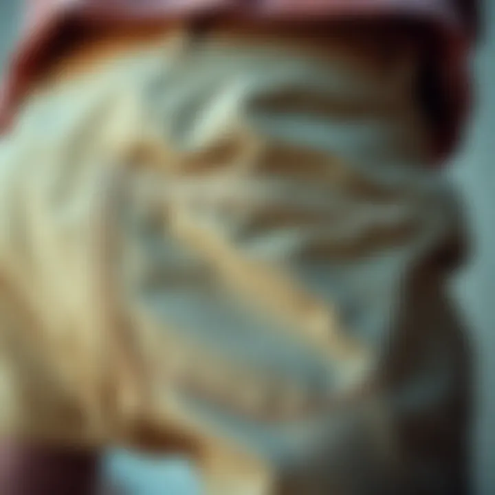 Close-up view of long chino shorts fabric and stitching