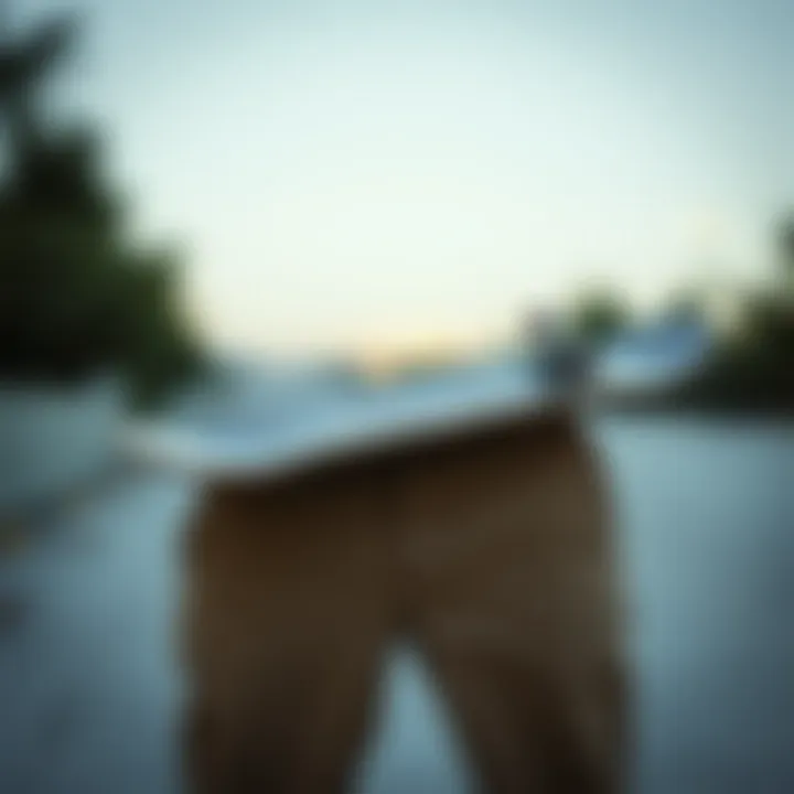 Skateboard resting on a pair of long chino shorts
