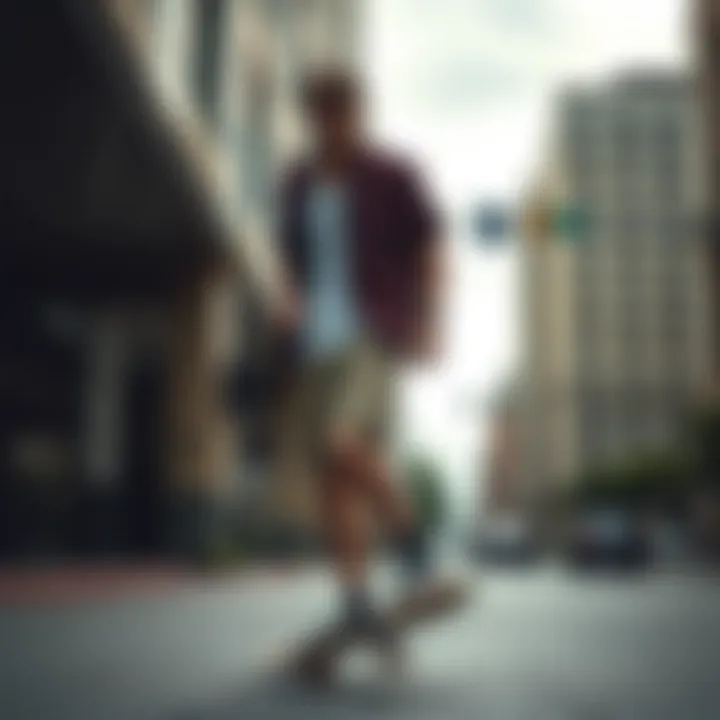 Stylish skateboarder wearing long chino shorts in an urban setting