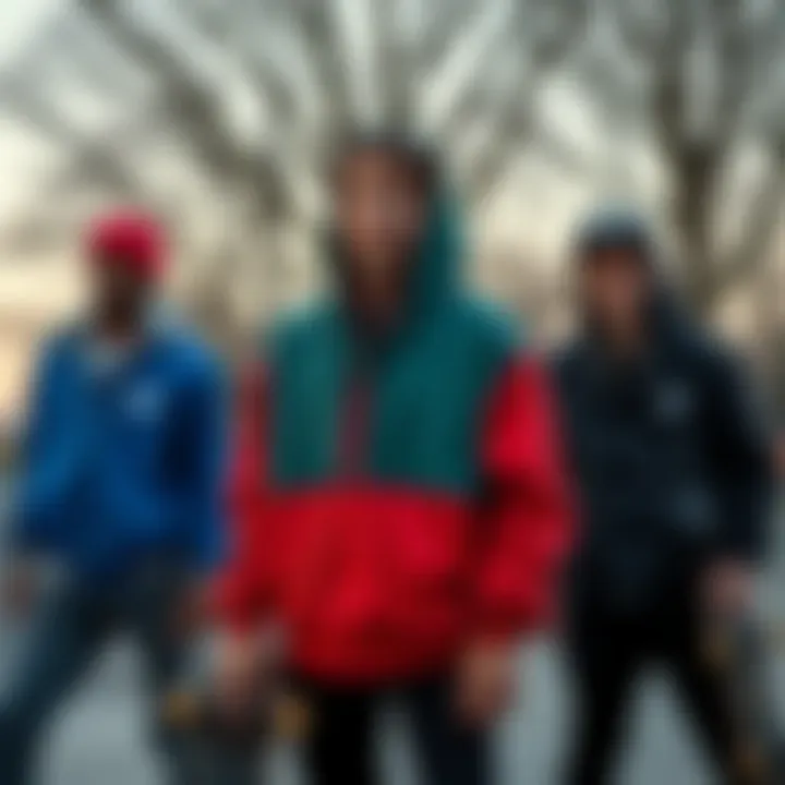 Group of skateboarders wearing Naketano jackets in a skate park.