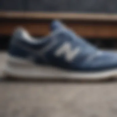 Close-up of navy New Balance shoe showcasing intricate design