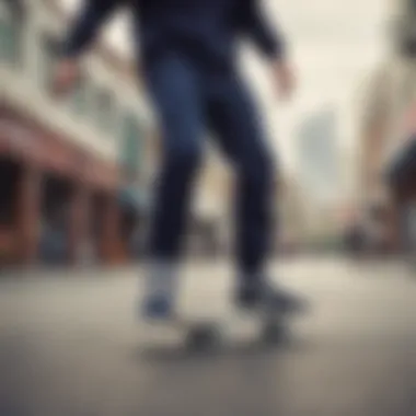 Skateboarder wearing navy New Balance shoes during a trick