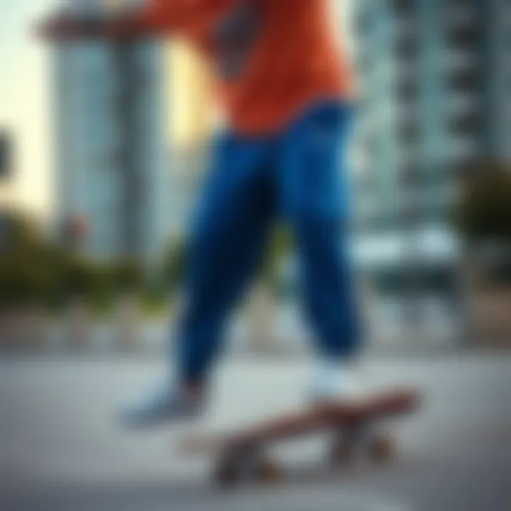 Skateboarder wearing Nike blue joggers in urban setting