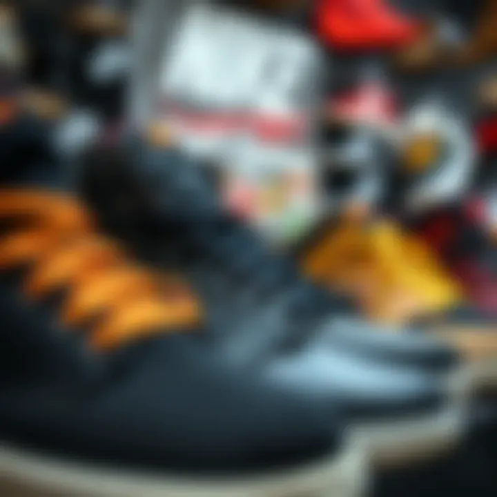 Skateboarding Shoes Collection Close-up of unique skateboarding shoes available at the outlet.