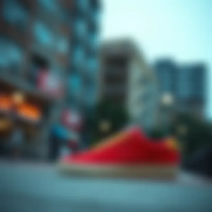 Cultural Relevance in Urban Settings: Nike SB Heritage Vulc Red Full view of the Nike SB Heritage Vulc Red against an urban backdrop, emphasizing its cultural relevance